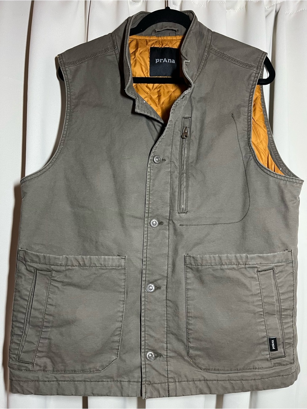 Prana Olive Men's Quilted-Lined Utility Vest with Mustard Interior